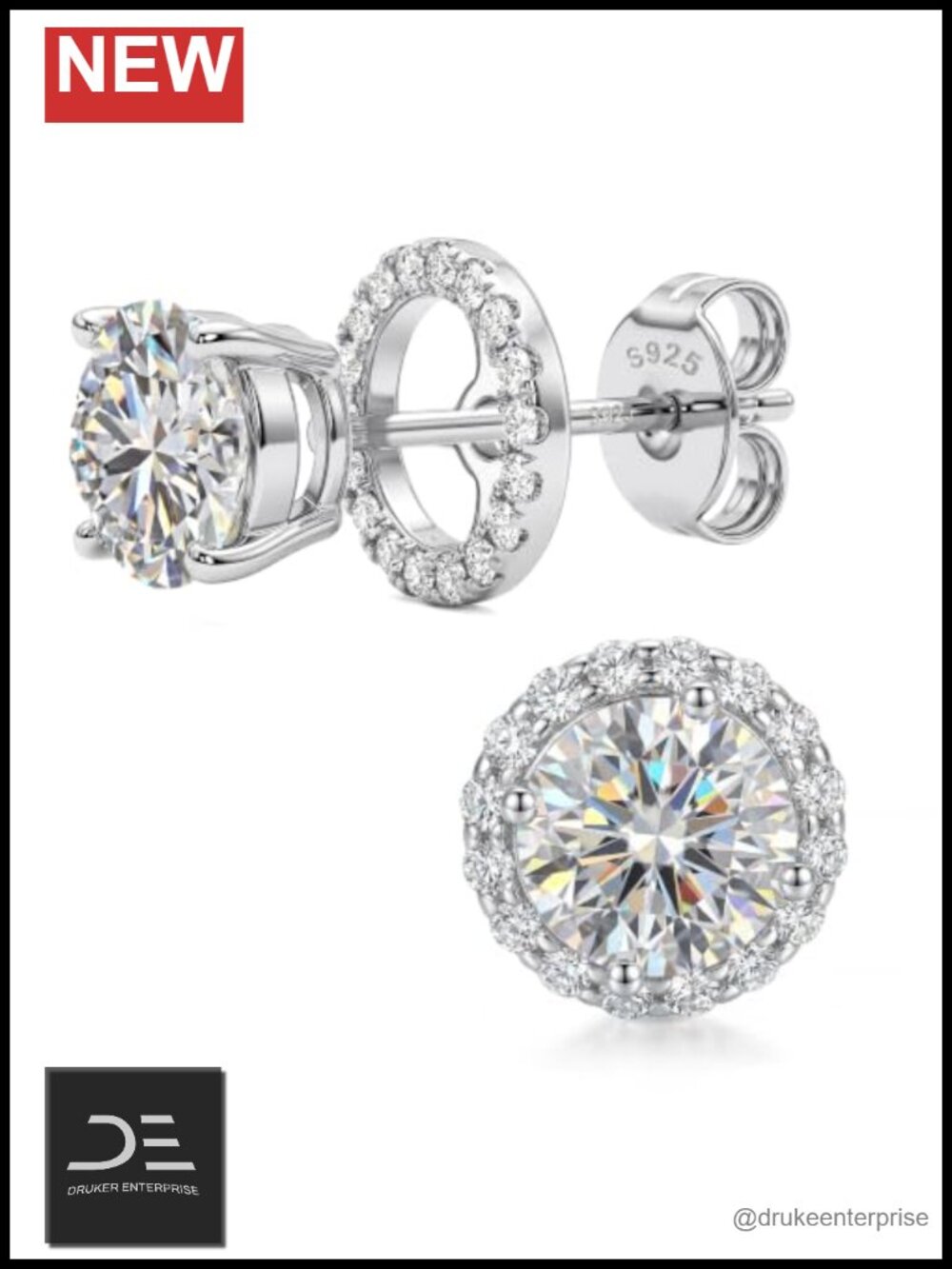 18K White Gold Plated 925 Sterling Silver Moissanite Stud Earrings with